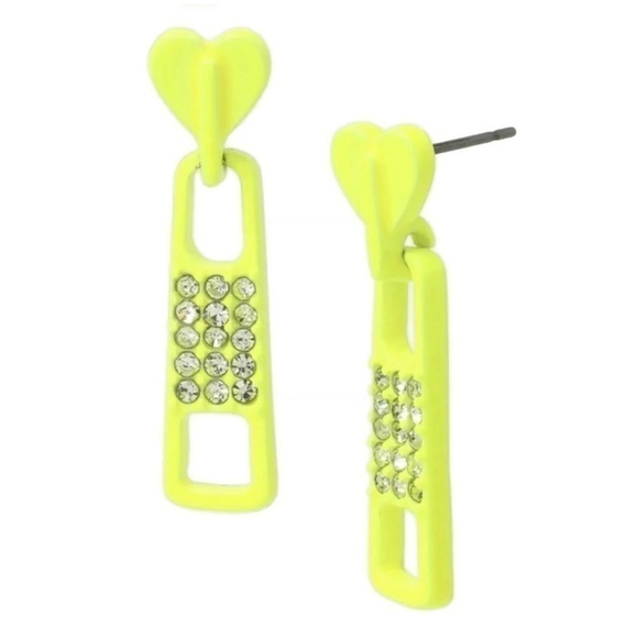 Betsey Johnson Jewelry - Betsey Johnson Yellow Neon Zipper Earrings With Heart And Silver Rhinestones 80s